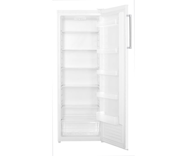 Exquisit KS350-V-H-040DW koelkast geopende deur met zicht op interieur met glazen schappen en deurvakken