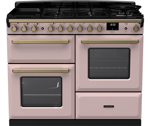 Roze Falcon fornuis met antieke messing afwerking en multifunctionele ovens