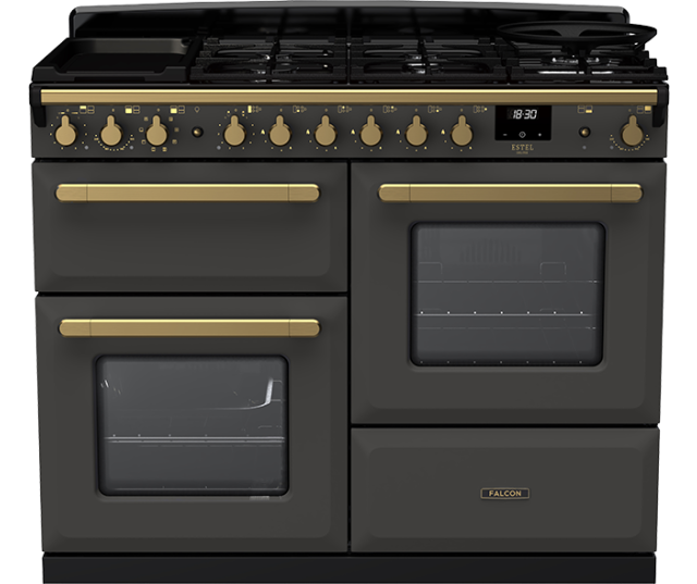 Slate kleur Falcon Estel Deluxe gasfornuis met chrome accenten en keramische zones