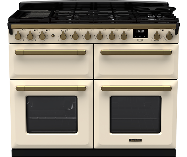 Crèmekleurig Falcon Estel Deluxe 110 fornuis met elektrische ovens en HandyRack