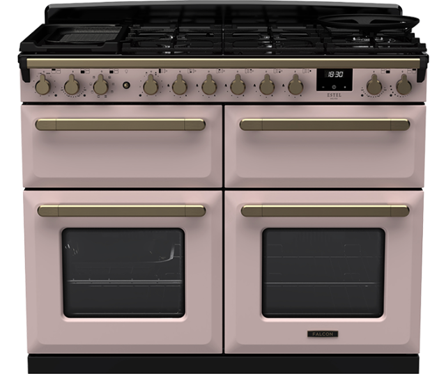 Pale Pink Estel Deluxe 110 fornuis met 5 gasbranders, 3 ovens en digitale bediening