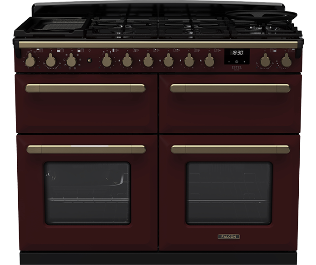 Falcon Estel Deluxe 110 gasfornuis bordeaux rood met chrome details