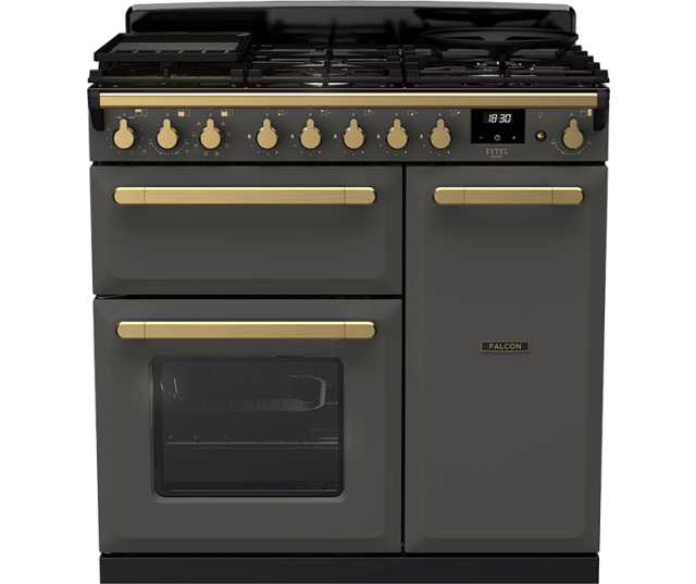 Leigrijs Falcon Estel Deluxe gasfornuis met dubbele oven en wokbrander