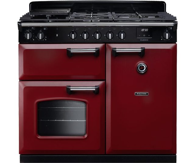 Falcon Classic 2026 100 Gas fornuis, vooraanzicht in rood met zwart bedieningspaneel en twee ovens