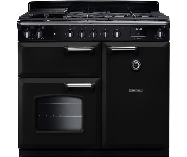 Falcon Classic 2026 100 Gas fornuis, vooraanzicht in zwart met twee ovens en bedieningspaneel
