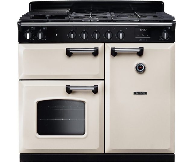 Falcon Classic 2026 100 Gas fornuis met gasfornuis, twee ovens en bedieningspaneel, vooraanzicht crème
