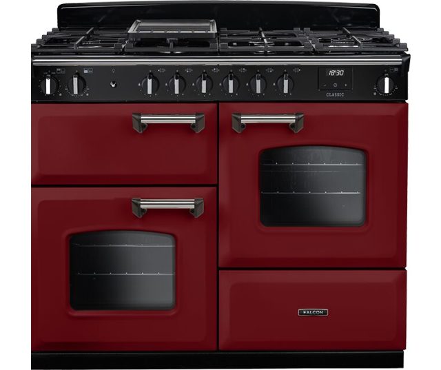 Falcon Classic 2026 110 Gas fornuis vooraanzicht in bordeaux rood met zwart gaskookblad en twee ovens met ramen