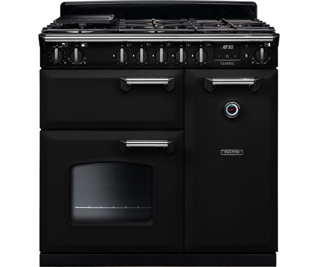 Falcon Classic 2026 90 Gas vooraanzicht in zwart met gaskookplaat en twee ovens