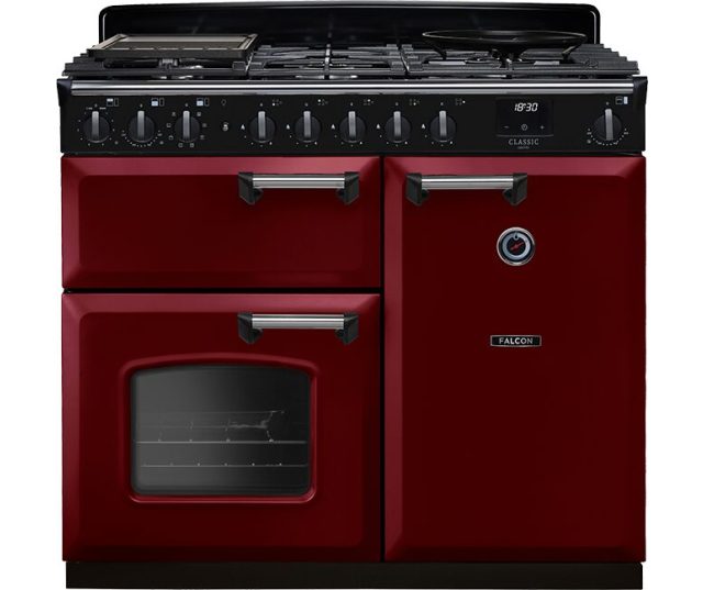 Falcon Classic Deluxe 2026 100 Gas fornuis vooraanzicht in oxblood rood met zwart kooktoestel en twee ovens