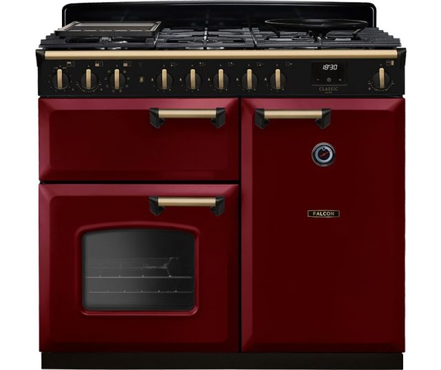 Falcon Classic Deluxe 2026 100 Gas fornuis vooraanzicht, rood met zwart kookblad en twee ovens