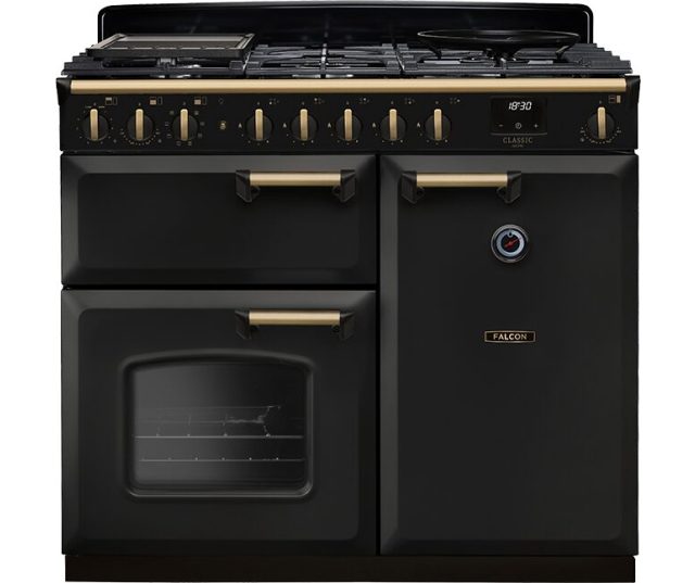 Falcon Classic Deluxe 2026 100 Gas fornuis zwart vooraanzicht met gouden handgrepen en twee ovens