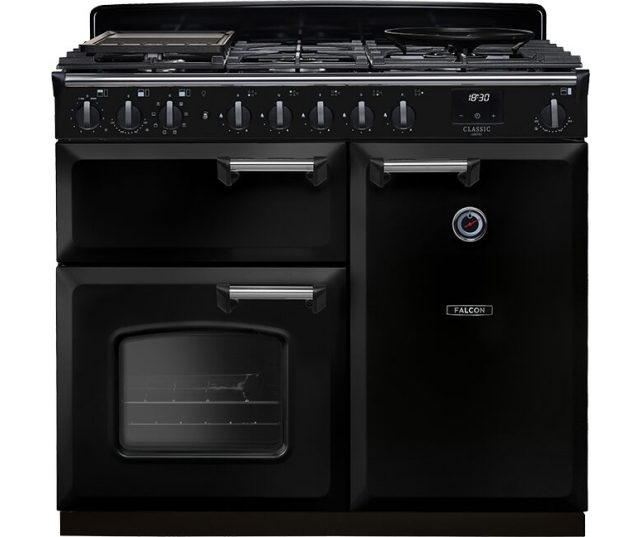 Falcon Classic Deluxe 2026 100 Gas fornuis, vooraanzicht zwart met twee ovens en gasfornuis