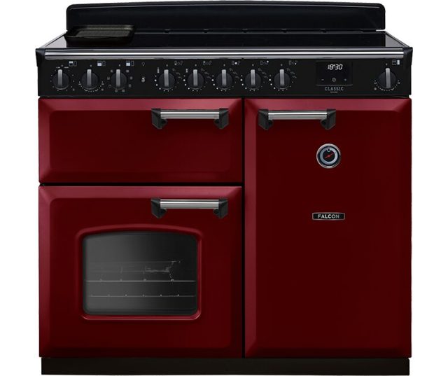 Falcon Classic Deluxe 2026 100 Inductie fornuis, vooraanzicht in rood met zwart inductiekookplaat en twee ovens