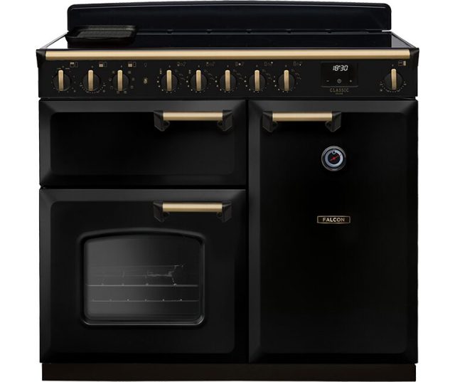 Falcon Classic Deluxe 2026 100 Inductie fornuis zwart vooraanzicht met inductiekookplaat en twee ovens
