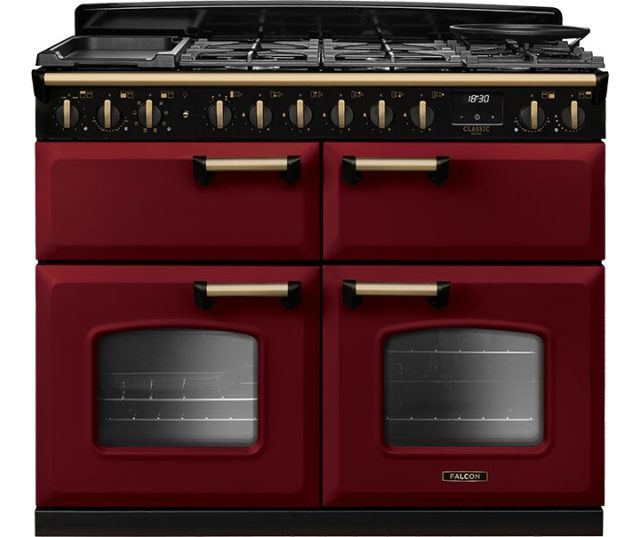 Falcon CLDLB110DFPBOR/AB_E1 fornuis in rood, vooraanzicht met gasfornuis, twee ovens en bedieningspaneel
