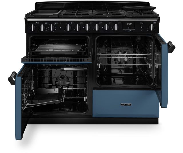 Falcon CLDLB110DFPBOR/AB_E1 fornuis in blauwgrijs, vooraanzicht met beide ovens geopend