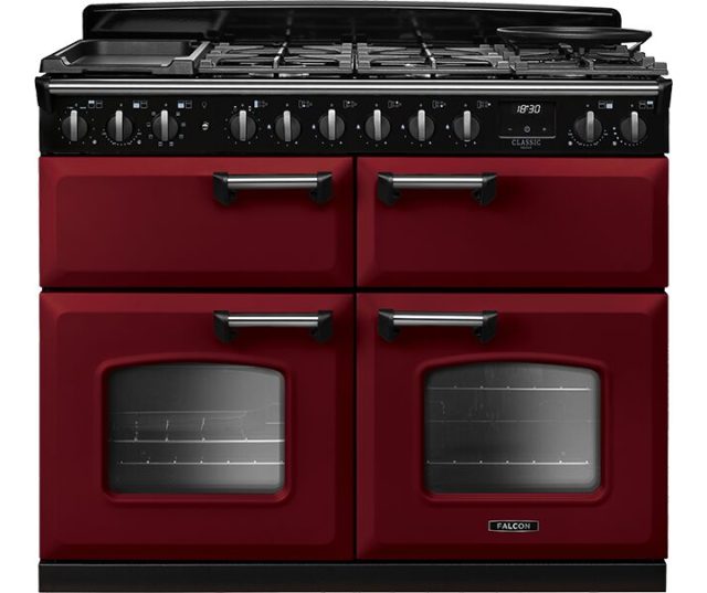 Falcon CLDLB110DFPBOR/CM_E1 fornuis rood vooraanzicht met gaskookplaat en twee ovens