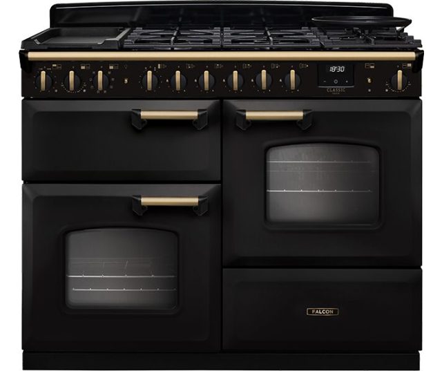 Falcon CLDLO110DFPCBL/AB_E1 fornuis vooraanzicht met gasfornuis, twee ovens en bedieningspaneel