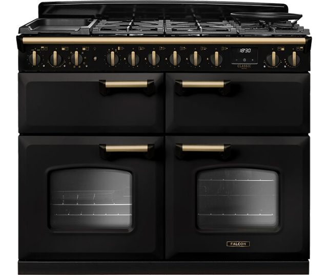 Falcon CLDLB110DFPCBL/AB_E1 fornuis vooraanzicht met gasplaat en twee ovens