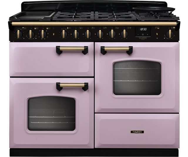 Falcon CLDLO110DFPHTH Classic fornuis vooraanzicht, roze body met zwart kookvlak en twee ovens