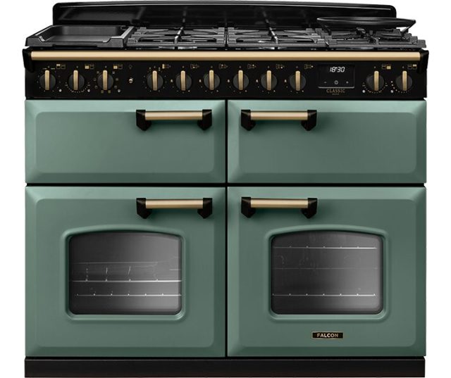 Falcon CLDLB110DFPMGR/AB in groen met zwart gastkooktoestel, vooraanzicht met dubbele ovens