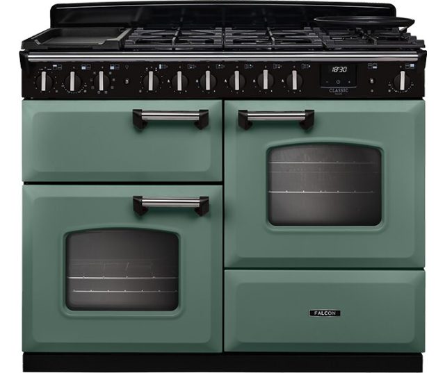 Falcon CLDLO110DFPMGR/CM_E1 fornuis, vooraanzicht in groen met twee ovens en gasfornuis