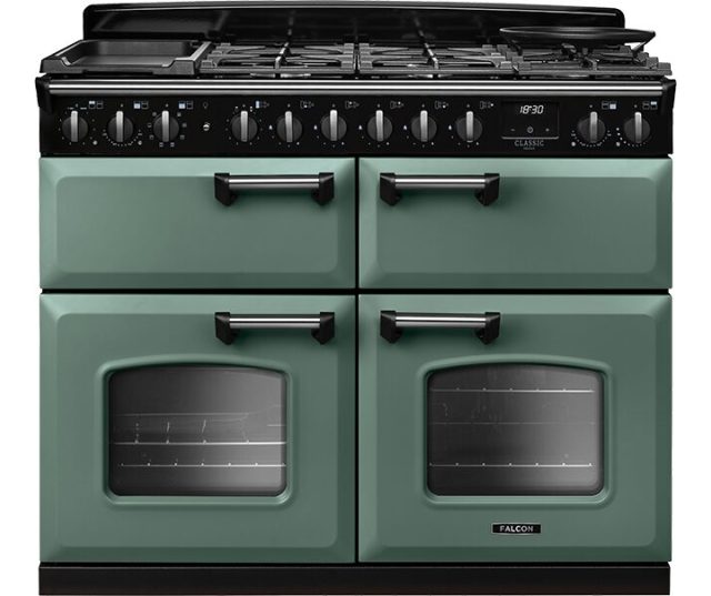 Falcon CLDLB110DFPMGR Classic dubbele oven fornuis vooraanzicht in munt groen met twee ovens