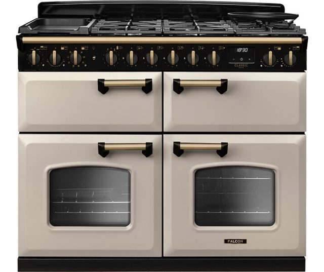 Falcon CLDLB110DFPPCR/AB_E1 fornuis vooraanzicht met gasfornuis, dual oven en kookplaat