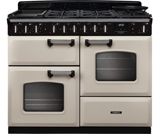 Falcon CLDLO110DFPPCR vooraanzicht crème fornuis met dubbele ovens en gasplaat