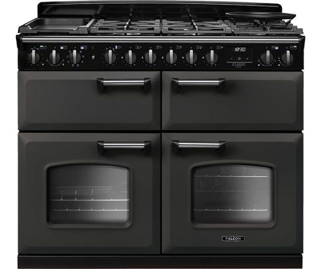 Frontaal Falcon Classic fornuis graphite met gasfornuis en twee ovens