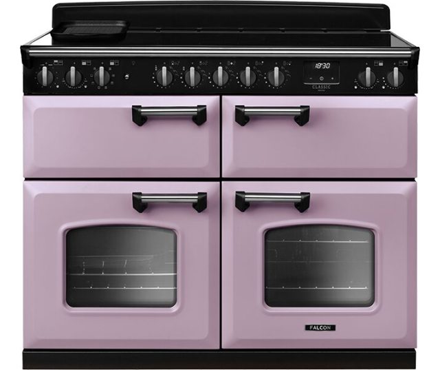 Frontaal Falcon Classic fornuis roze met twee gesloten ovens en twee laden