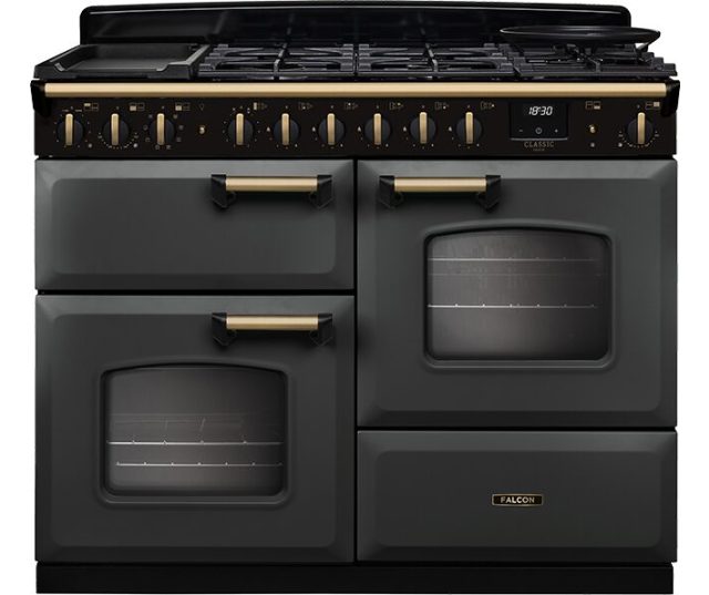 Falcon CLDLO110DFPSLT/AB_E1 dubbel fornuis vooraanzicht met gaskookplaat en twee ovens