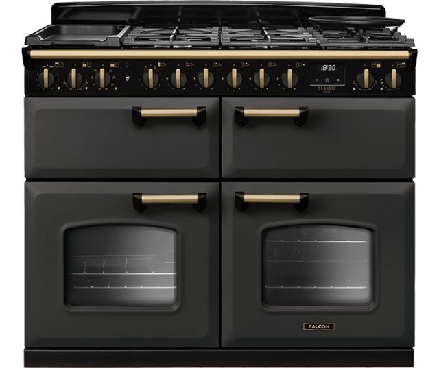 Falcon CLDLB110DFPSLT/AB_E1 fornuis vooraanzicht met gaskookplaat en dubbele ovens in zwart