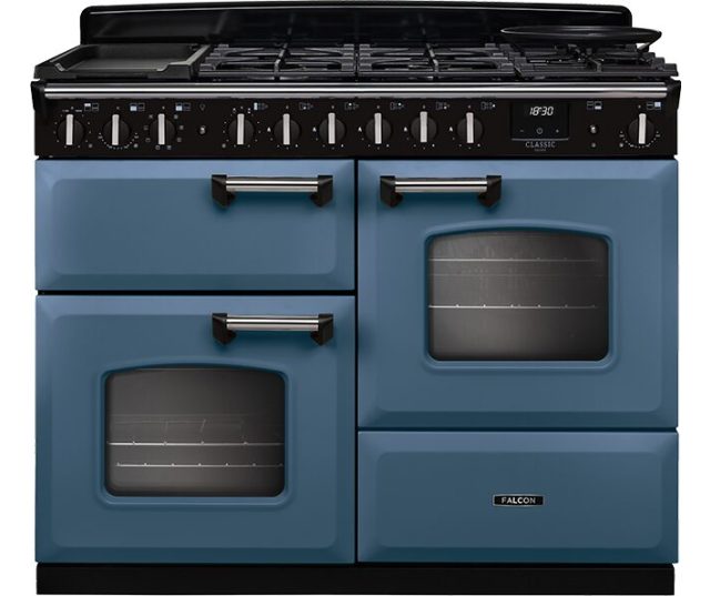 Falcon CLDLO110DFPSTB/CM_E1 fornuis vooraanzicht blauw met zwart gasfornuis en twee ovens