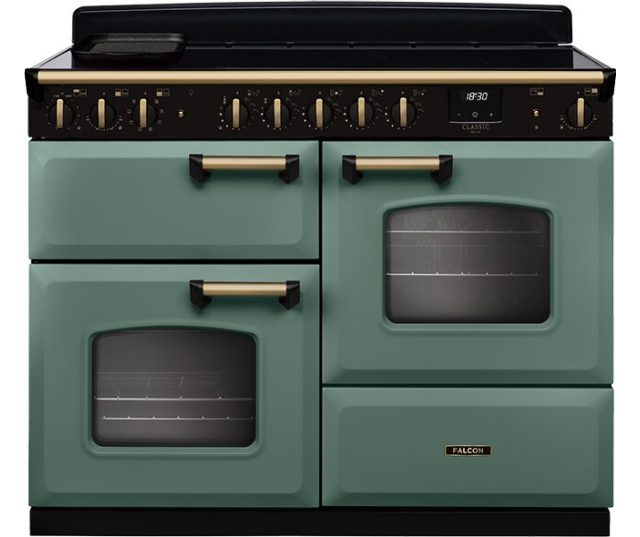 Falcon Classic Deluxe 110 inductiefornuis vooraanzicht groen met twee ovens en inductiekookplaat