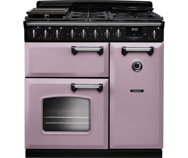 Falcon Classic Deluxe 2026 90 Gas fornuis roze vooraanzicht met gaskookplaat en twee ovens
