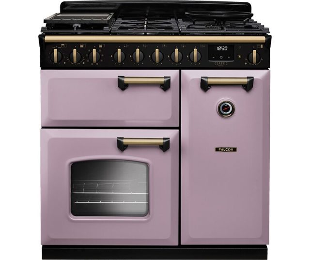 Falcon Classic Deluxe 90 Gas fornuis vooraanzicht roze met zwart bedieningspaneel en dubbele ovens