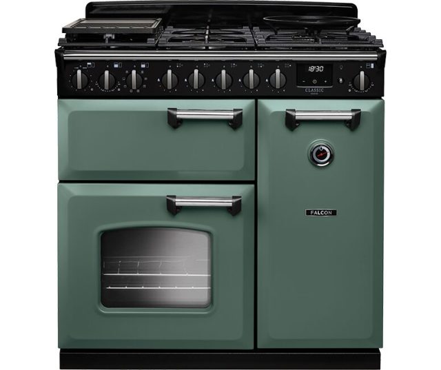 Falcon Classic Deluxe 2026 90 Gas fornuis, vooraanzicht met groene onderkast en zwart bedieningspaneel