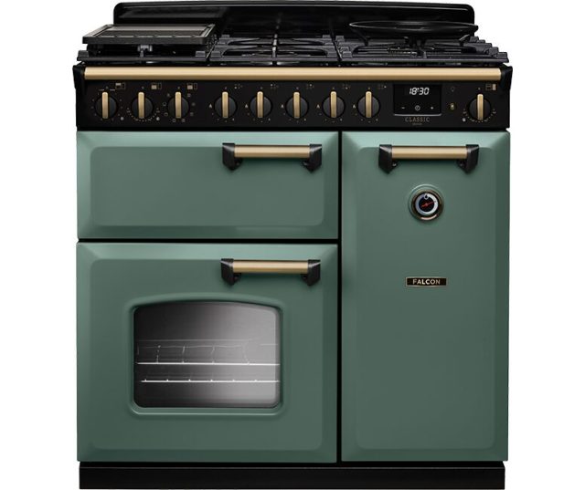 Falcon Classic Deluxe 2026 90 Gas fornuis vooraanzicht groen met zwart bedieningspaneel