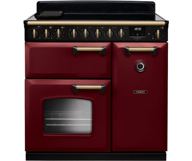 Falcon CLDL90EIPBOR/AB_E1 fornuis vooraanzicht in rood met zwart bedieningspaneel, gaskookplaat en twee ovens