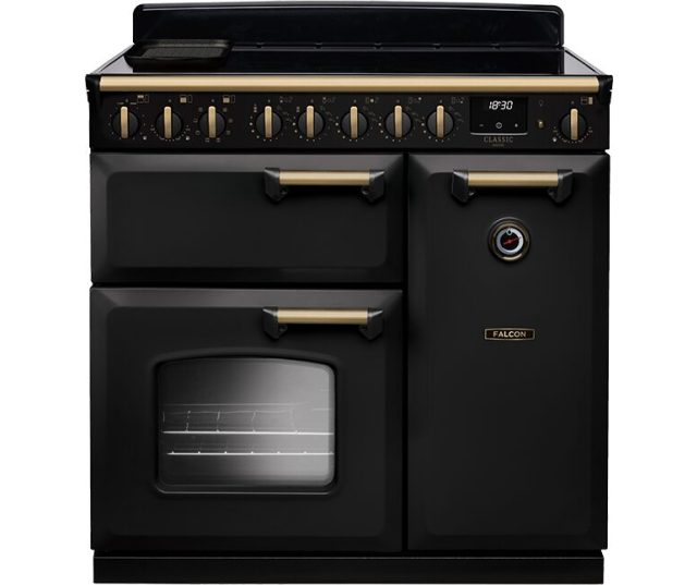 Falcon CLDL90EIPCBL/AB_E1 fornuis vooraanzicht met zwarte afwerking, gaskookplaat en twee ovens