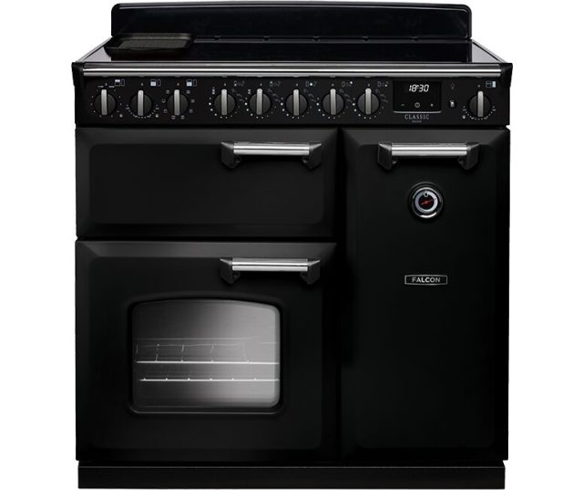 Falcon CLDL90EIPGBL/CM_E1 fornuis vooraanzicht met dubbele ovens en zwart inox gasblad