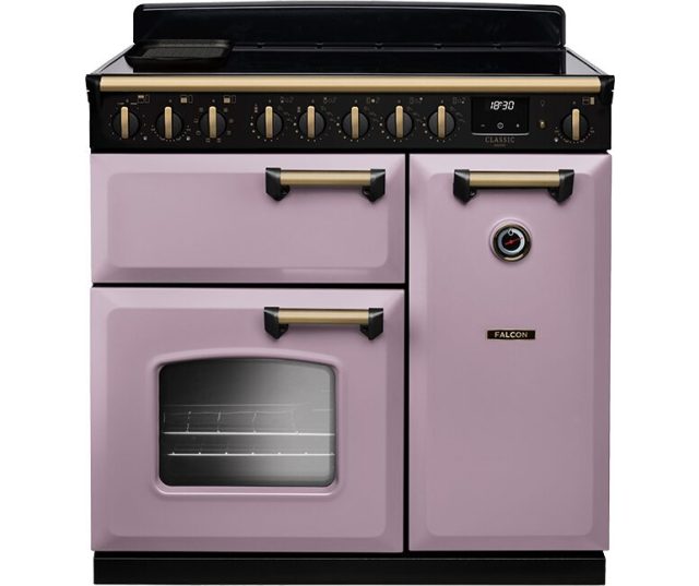 Falcon CLDL90EIPHTH/AB fornuis vooraanzicht in roze met zwart bedieningspaneel en twee ovens