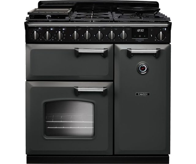 Falcon CLDL90EIPHTH/AB fornuis vooraanzicht in zwart met twee ovens en gasbranders