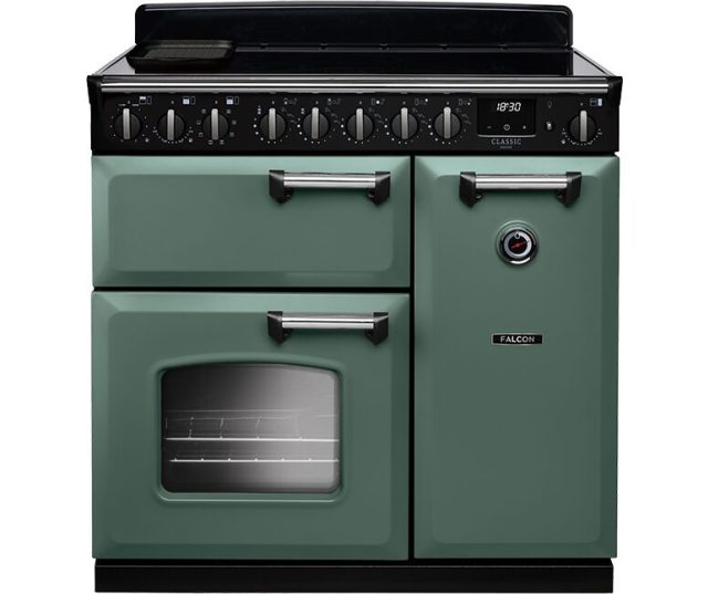 Falcon CLDL90EIPMGR vooraanzicht met groen geëmailleerd front, dubbele ovendeuren en gasfornuis bovenblad