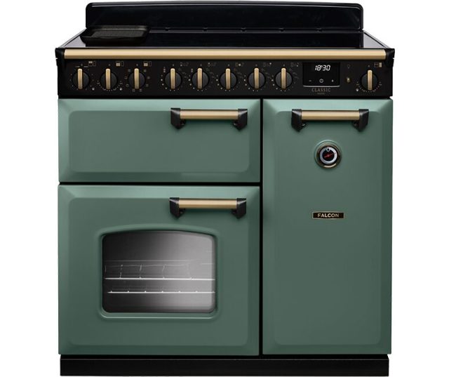 Falcon CLDL90EIPMGR/AB_E1 fornuis vooraanzicht groen met zwart bedieningspaneel en dubbele ovens