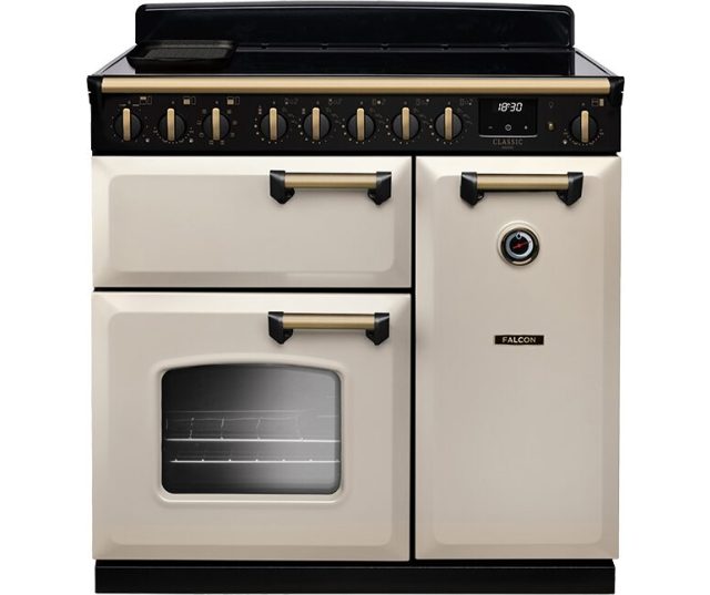 Falcon CLDL90EIPPCR/AB klassiek fornuis 90cm vooraanzicht crème met zwart bedieningspaneel