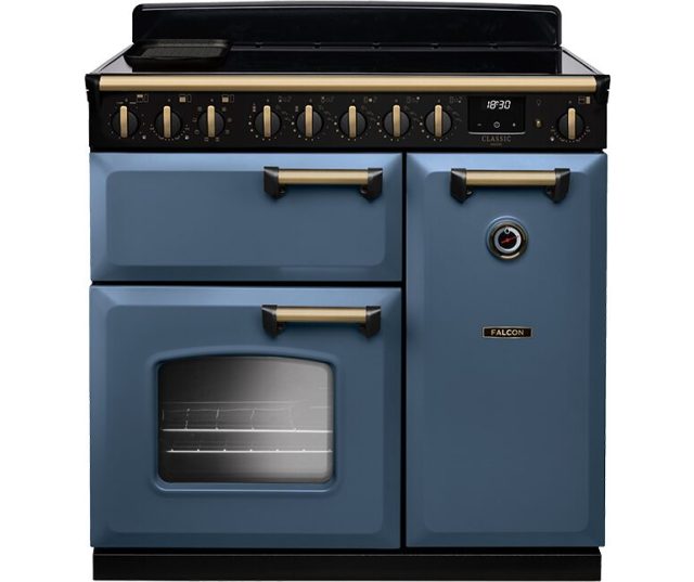 Falcon CLDL90EIPSTB/AB_E1 fornuis vooraanzicht in blauw met zwart bedieningspaneel en dubbele ovens