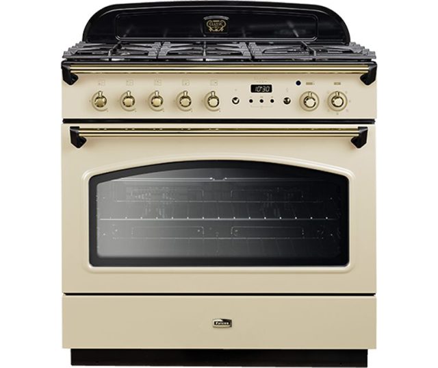 Falcon Classic 90 FXDFSB vooraanzicht creme met zilveren greep en zwarte oven