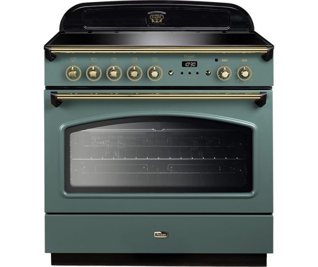 Falcon Classic FX 90 Inductie fornuis in mintgroen met goudkleurige handgrepen en trims